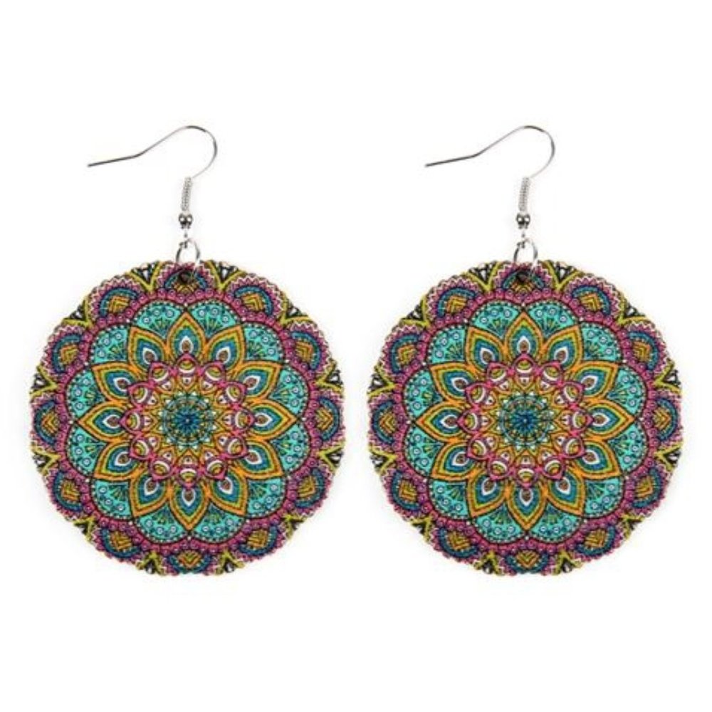 New! Mandala 144 Earrings Hand Painted on Wooden Disk